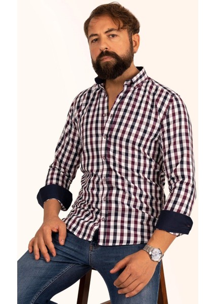 Bordo Lacivert Kareli Slimfit Erkek Gömlek