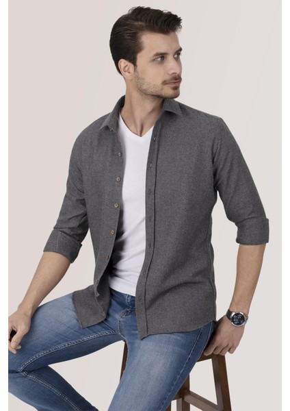 Füme Düz Slimfit Oduncu Erkek Gömlek modelleri