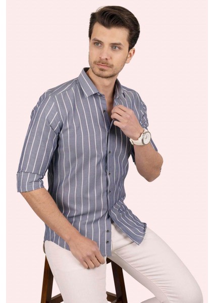 Gri Beyaz Çizgili Slimfit Erkek Gömlek modelleri