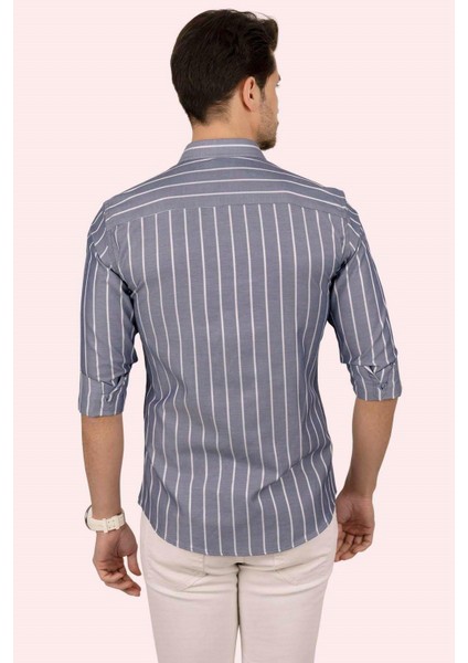 Gri Beyaz Çizgili Slimfit Erkek Gömlek