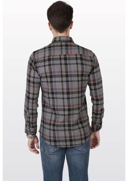 Füme Kırmızı Çizgili Slimfit Oduncu Erkek Gömlek