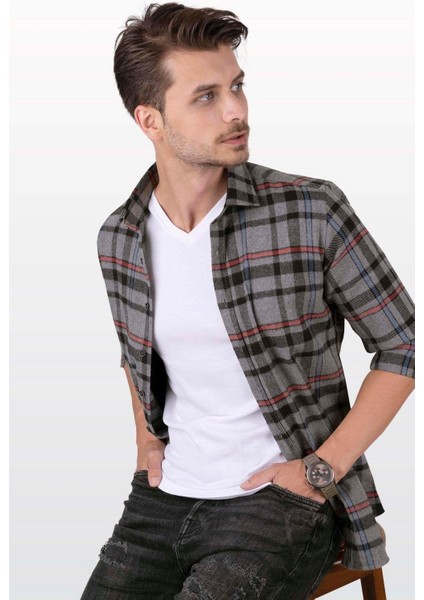 Füme Kırmızı Çizgili Slimfit Oduncu Erkek Gömlek modelleri
