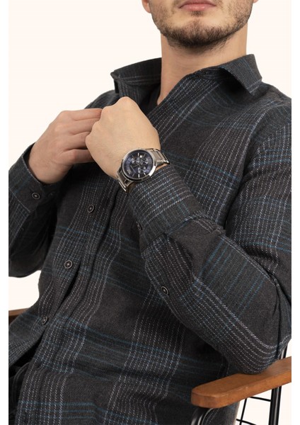 Açık Siyah Yeşil Çizgili Slimfit Oduncu Erkek Gömlek