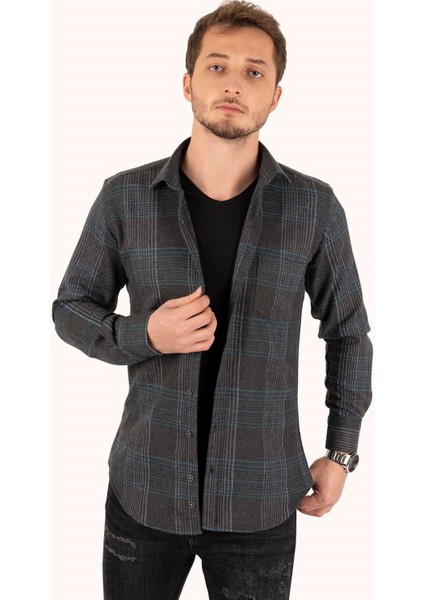 Açık Siyah Yeşil Çizgili Slimfit Oduncu Erkek Gömlek