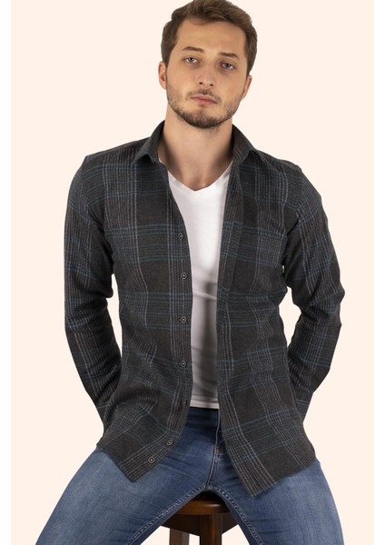 Açık Siyah Yeşil Çizgili Slimfit Oduncu Erkek Gömlek modelleri