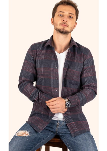 Lacivert Kırmızı Çizgili Slimfit Oduncu Erkek Gömlek fiyatları