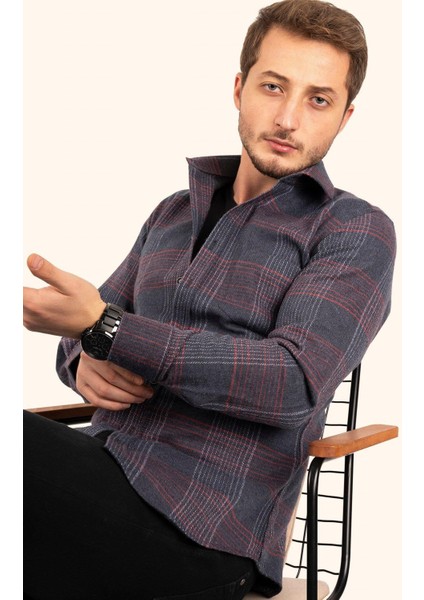 Lacivert Kırmızı Çizgili Slimfit Oduncu Erkek Gömlek modelleri