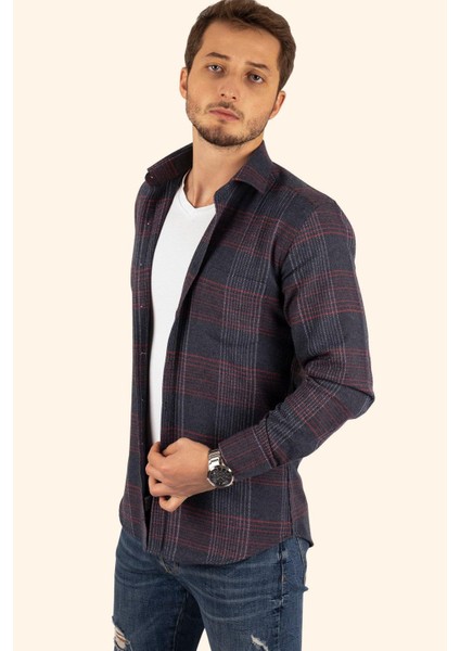 Lacivert Kırmızı Çizgili Slimfit Oduncu Erkek Gömlek