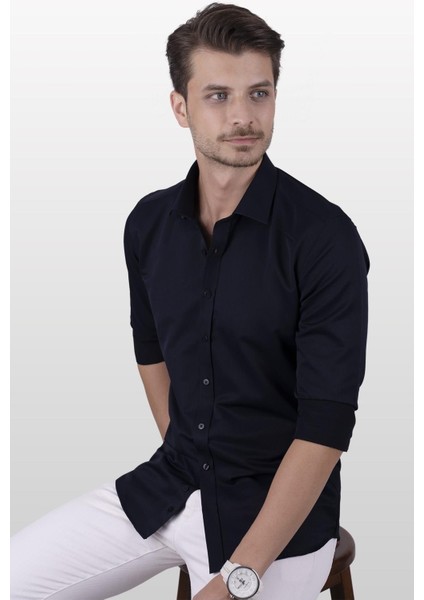Lacivert Saten Slimfit Erkek Gömlek fiyatları