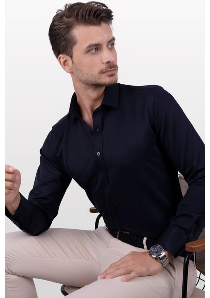 Lacivert Saten Slimfit Erkek Gömlek modelleri