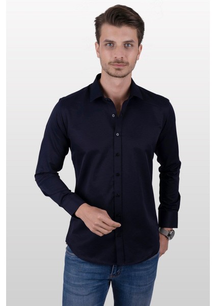 Lacivert Saten Slimfit Erkek Gömlek
