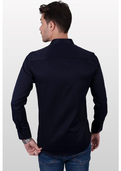 Lacivert Saten Slimfit Erkek Gömlek