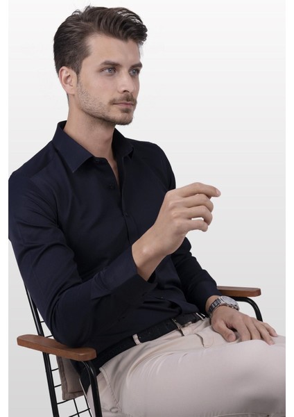 Lacivert Saten Slimfit Erkek Gömlek fırsatları