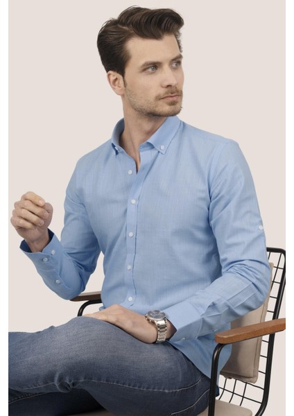 Mavi Yaka Düğmeli Keten Slimfit Erkek Gömlek modelleri