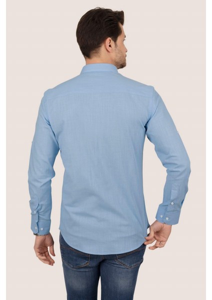 Mavi Yaka Düğmeli Keten Slimfit Erkek Gömlek