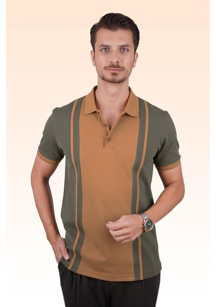 Haki Taba Çift Renkli Erkek Polo Yaka Tişört