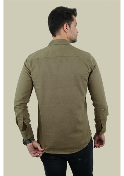 Haki Slimfit Gerçek Kot Erkek Gömlek