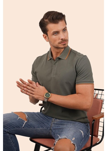 Haki Taba Yaka Çizgili Erkek Polo Yaka Tişört modelleri