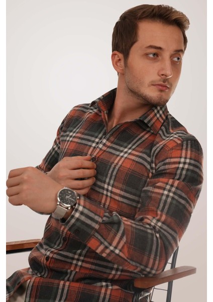Kiremit Çizgili Slimfit Oduncu Erkek Gömlek fiyatları