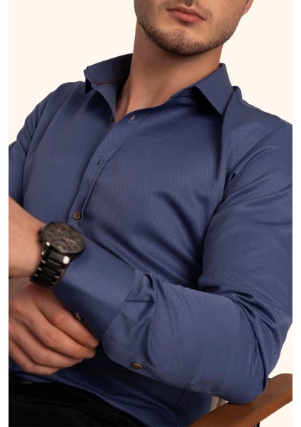 indigo Kahve Düğmeli Slimfit Erkek Gömlek