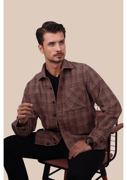 Kiremit Hasır Desenli Oversize Oduncu Erkek Gömlek
