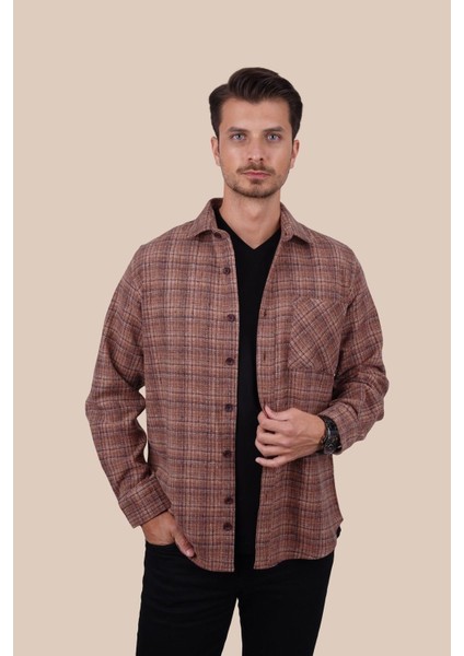 Kiremit Hasır Desenli Oversize Oduncu Erkek Gömlek