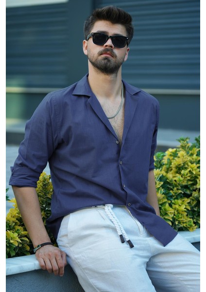 indigo Keten Apaj Yaka Oversize Erkek Gömlek fiyatları