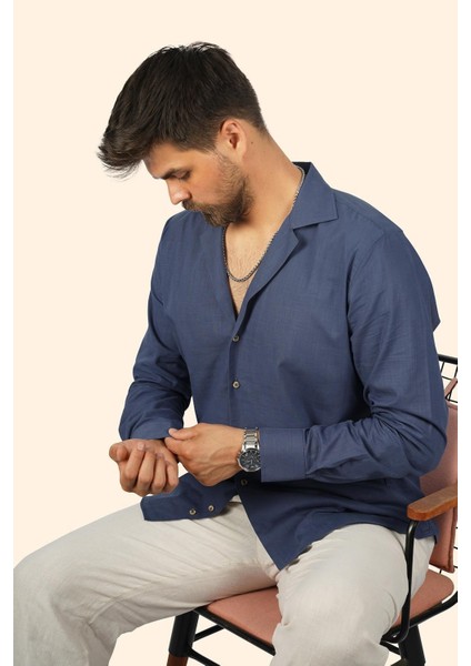 indigo Keten Apaj Yaka Oversize Erkek Gömlek modelleri