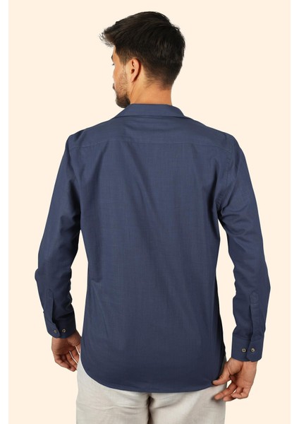 indigo Keten Apaj Yaka Oversize Erkek Gömlek
