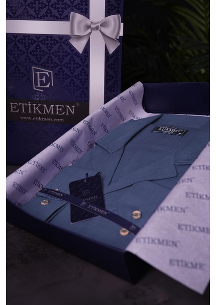 indigo Keten Apaj Yaka Oversize Erkek Gömlek fırsatları