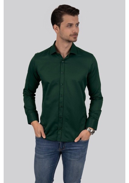 Kına Yeşili Kare Düğmeli Slimfit Erkek Gömlek