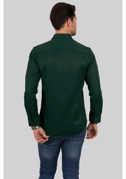 Kına Yeşili Kare Düğmeli Slimfit Erkek Gömlek