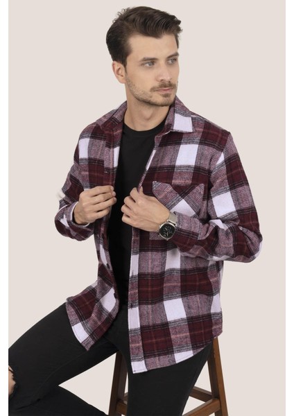Kiraz Beyaz Geçişli Oversize Oduncu Erkek Gömlek