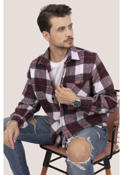Kiraz Beyaz Geçişli Oversize Oduncu Erkek Gömlek