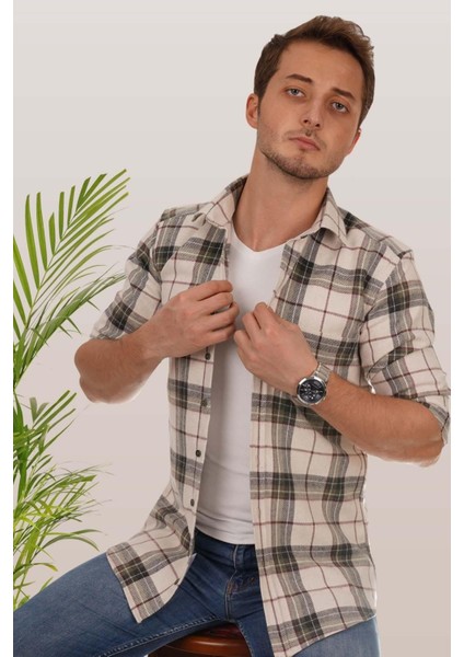 Krem Yeşil Desenli Slimfit Oduncu Erkek Gömlek fiyatları