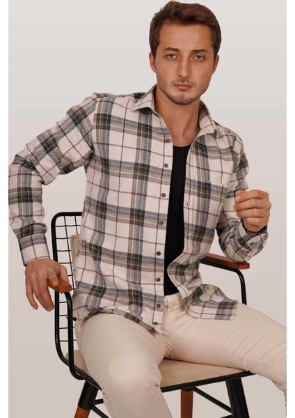 Krem Yeşil Desenli Slimfit Oduncu Erkek Gömlek modelleri