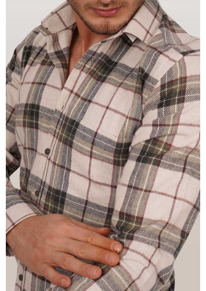 Krem Yeşil Desenli Slimfit Oduncu Erkek Gömlek indirimleri