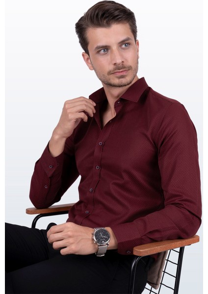 Koyu Bordo Baklava Desen Slimfit Erkek Gömlek fiyatları