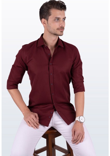 Koyu Bordo Baklava Desen Slimfit Erkek Gömlek modelleri