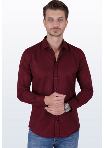 Koyu Bordo Baklava Desen Slimfit Erkek Gömlek indirimleri