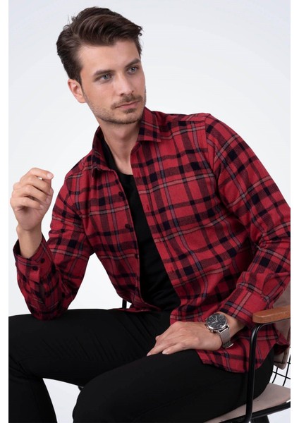 Kırmızı Mavi Çizgili Slimfit Oduncu Erkek Gömlek