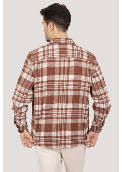 Kiremit Beyaz Çizgili Oversize Oduncu Erkek Gömlek
