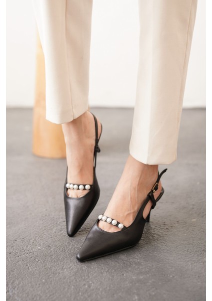 Kadın Justin Incili Kısa Topuklu Ayakkabı - Siyah-Deri