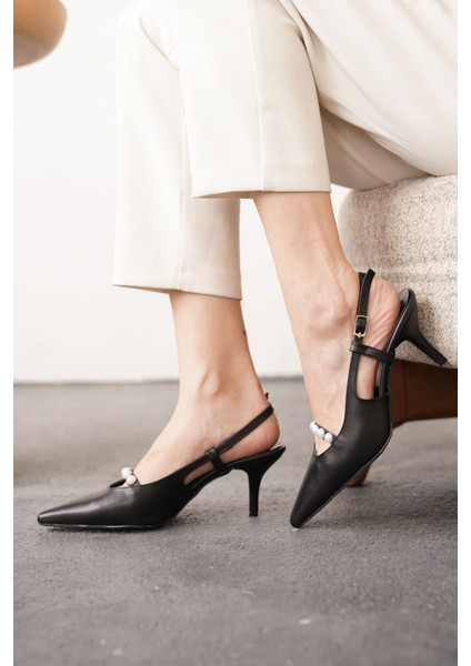 Kadın Justin Incili Kısa Topuklu Ayakkabı - Siyah-Deri fiyatları