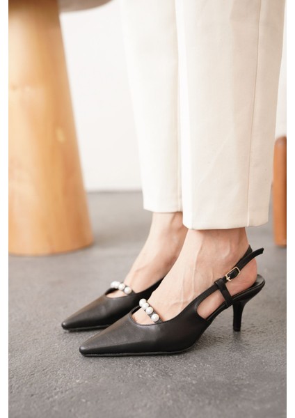 Kadın Justin Incili Kısa Topuklu Ayakkabı - Siyah-Deri fırsatları