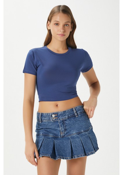 Kadın Serra %100 Pamuk Lacivert Crop Top