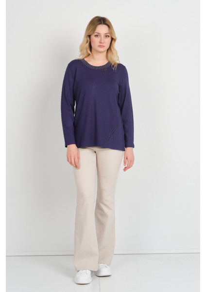 Kadın Yakası ve Tek Kolu Desenli Taşlı Metal Aksesuarlı Anne Bluz 5714 Mor fiyatları