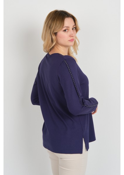 Kadın Yakası ve Tek Kolu Desenli Taşlı Metal Aksesuarlı Anne Bluz 5714 Mor fırsatları