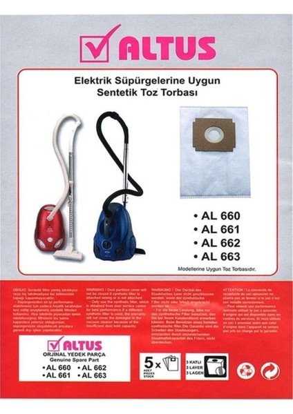 Altus Al 660 - Al 661 - Al 662 - Al 663 Sentetik Süpürge Toz Torbası 5 Adet