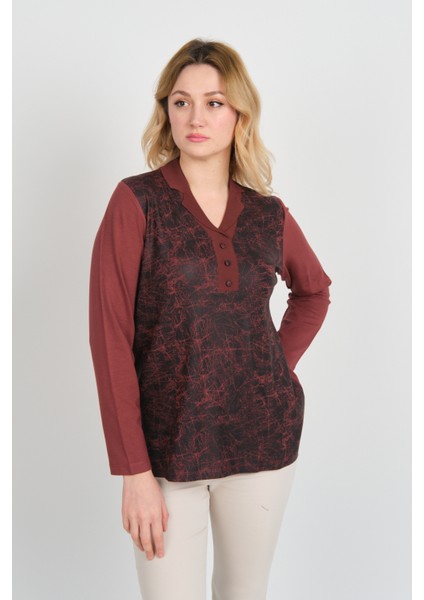 Kadın Desenli Süs Düğmeli Uzun Kollu Anne Bluz 2339 Bordo